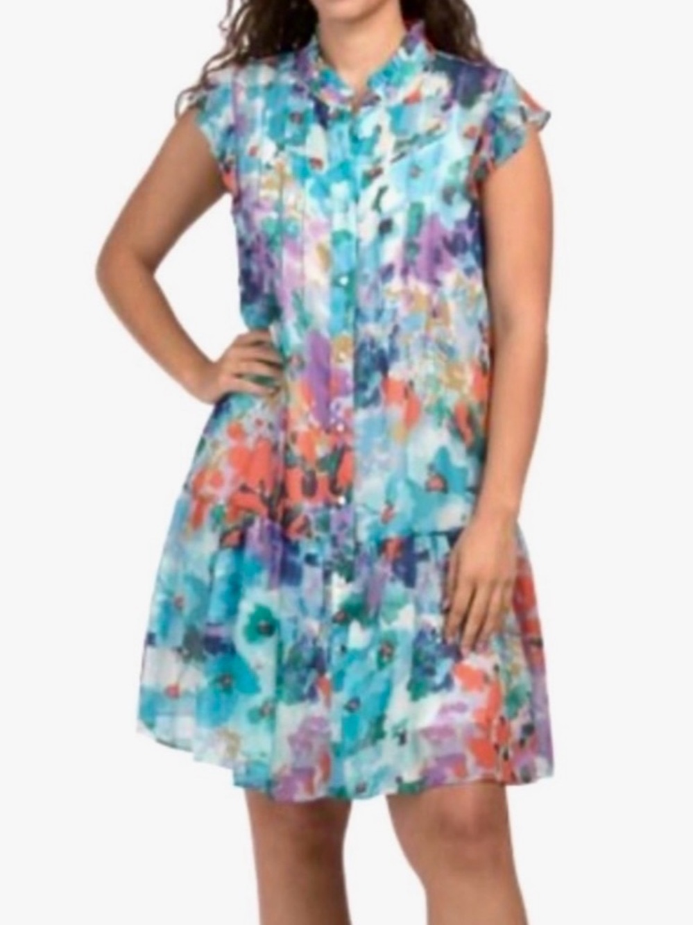 NWT Julia Jordan Flutter Sleeve Pleated Front Dress Blue Multi Size 6